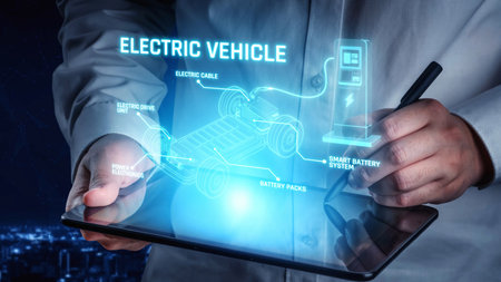 Structure of electric car showing battery system, traction motor, control units, and charging station for understanding EV functionality and energy flowの写真素材