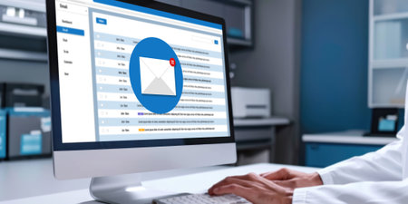 Email notification message showing on computer screen brisk. Digital marketing message information text from business to customer clientの素材
