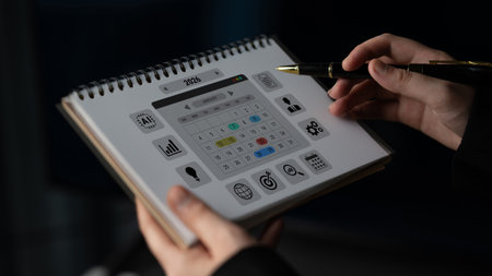 2026 calendar interface surrounded by AI, data, and business icons representing scheduling, planning, and productivity management Parseの写真素材