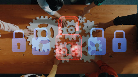 A team works together to devise cybersecurity strategies. Visuals of gears and security locks highlight collaboration and innovation in modern business practices. Rasterの写真素材