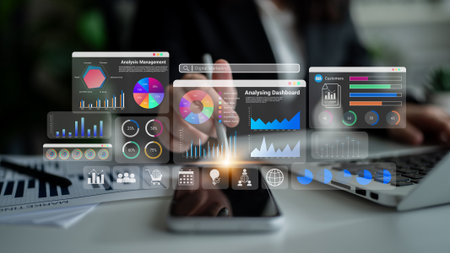 Multiple analytics dashboards with charts and graphs representing marketing data, SEO insights, and performance management Parseの写真素材