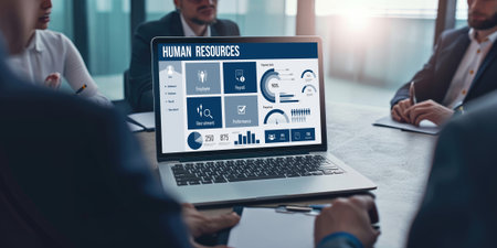 Human resources management software on computer screen helping human resources employee to manage recruitment, payroll, staff searching and KPI evaluation briskの素材