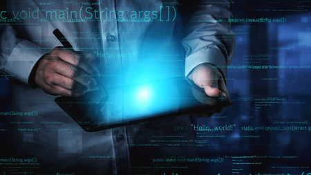A programmer interacts with a tablet amidst a backdrop of code, symbolizing the fusion of technology...