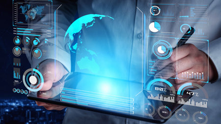 High-tech global network connection interface showing worldwide digital communication, data exchange, and internet connectivity. Global connection, data interaction, and worldwide communication. Thunkの写真素材