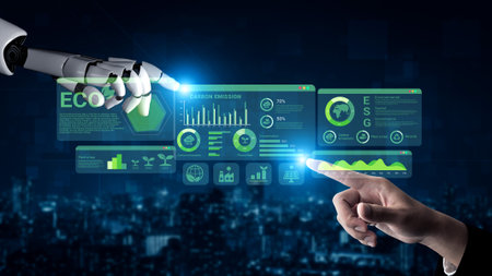 AI analyzing ESG and sustainability metrics for businesses, visualizing carbon reduction goals and...