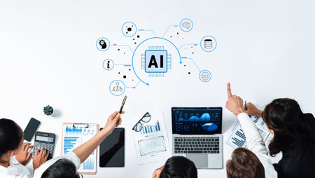 A dynamic business meeting showcasing professionals discussing artificial intelligence concepts,...