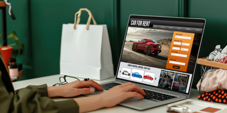 car rental website on computer screen for tourist to rent a car for transportation briskの素材