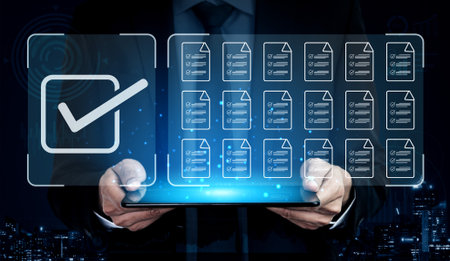 Task management concept illustrating digital checklist, document organization, and workflow tracking...
