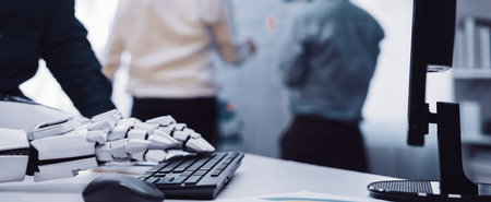 Business consultants leverage predictive AI analytics to evaluate data, elevating collaboration and strengthening marketing plans.の写真素材