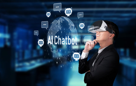 A professional engaging with AI chatbot technology in a virtual reality setting, showcasing...