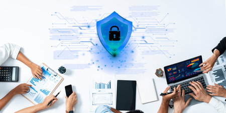 Digital security shield providing network protection and data privacy. This represents a firewall or...