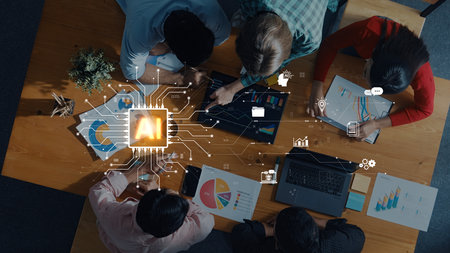 An enterprise AI toolkit for automating business processes. The central processor powers various functions, including data management, chatbot services, and workflow automation. Fermionの写真素材