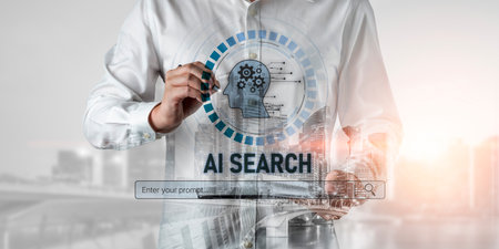 AI search engine systems enhance SEO data access. Intelligent search engines powered by AI improve search results. AI-driven search tools help process and retrieve relevant AI information.の写真素材
