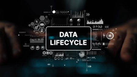 Data Lifecycle Concept with Graphs and Analytics Presented on a Futuristic Digital Interface. Asymptotic smart data analytic.の写真素材
