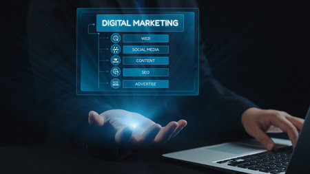 Digital marketing strategy broken down into categories: web, SEO, content, social media, and advertise. Digital tools enhance online marketing success across digital platforms. Elideの写真素材