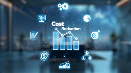 This image depicts a modern office environment featuring a visual representation of cost reduction strategies. Graphs and business icons symbolize finance and efficiency.の写真素材