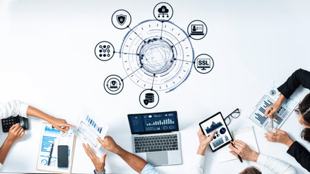 Data privacy and cyber security icons show encryption, data privacy safeguards, and cyber security defense. Data privacy ensures cyber security protection and access control. Enticeの写真素材