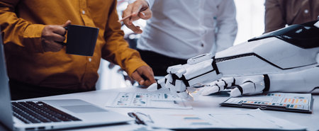 Professionals engage in a dynamic meeting with advanced robotic technology, exploring innovative...