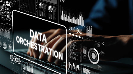 Hands Typing on Keyboard with Data Orchestration Graphics and Visualizations in a Modern Digital Environment. Asymptotic smart data analytic.の写真素材