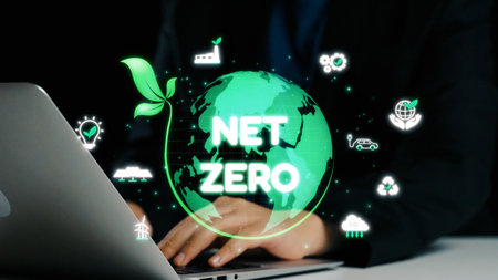 A business professional engaged in a discussion about achieving net zero emissions, surrounded by...