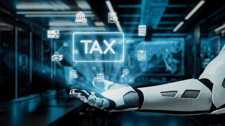 A robotic arm reaches out towards illuminated tax-related icons in a modern office setting, showcasing the integration of advanced technology in financial management.の写真素材