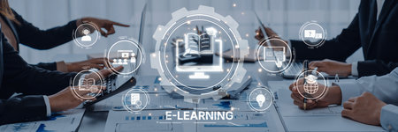 A diverse team engages in e-learning initiatives using technology in a modern office setting,...