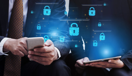 Concept of cybersecurity and a secure network. Multiple layers of data encryption and firewall...
