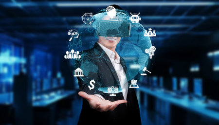 A businessman engages with augmented reality, exploring AI innovations in a digital landscape,...