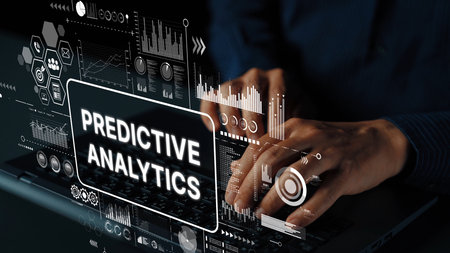 Hands on a Keyboard with Predictive Analytics Data Visualization Concept in a Modern Workspace Environment. Asymptotic smart data analytic.の写真素材