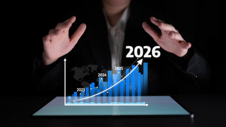 A business professional demonstrates a futuristic graph showcasing projected growth from 2023 to...