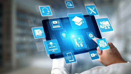 Online education icons show e-learning, online education classes, and digital study. Online...