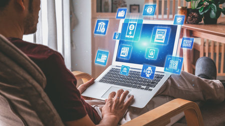 Online banking and digital banking innovation combining finance and technology, optimizing online banking systems, mobile banking services, and fintech for seamless experience.の写真素材