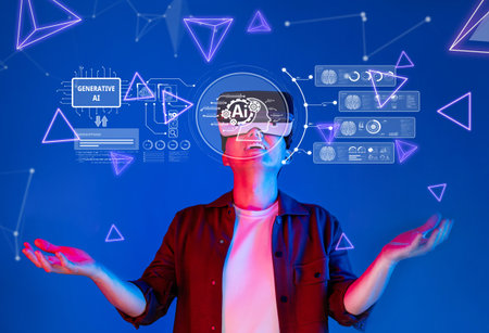 A person interacts with virtual reality technologies, surrounded by digital graphics representing...