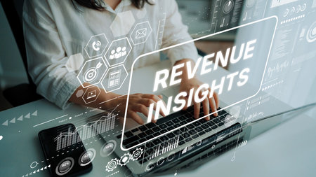 Revenue Insights Data Analysis on Laptop with Digital Graphs and Technology Overlay. Asymptotic smart data analytic.の写真素材