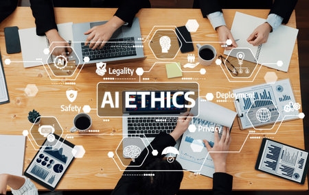 A dynamic meeting setting highlighting the importance of AI ethics, demonstrating hands-on collaboration and technology for responsible practices in contemporary business environments. Amityの写真素材