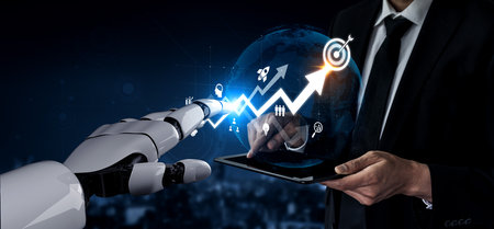 AI drives business growth by analyzing trends, forecasting outcomes, identifying goals, and guiding decisions to achieve optimal strategic success.の写真素材