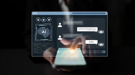 A user interface of a conversational AI platform. A user interacts with an intelligent chatbot by typing prompts to receive support and information from the digital brain.の写真素材