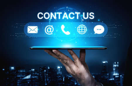 UI concept for contact us section showing icons for email, web, phone, and message. Contact and support icons help streamline business communication and improve customer contact experience. Splineの写真素材