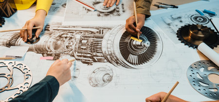This image showcases a dynamic engineering session where multiple hands engage in sketching and...