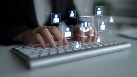 Concept of human resources and organizational structure. A professional team is shown within a corporate network, representing management, leadership, and collaboration.の写真素材