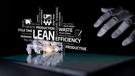 A conceptual image showing hands interacting with a digital interface that displays keywords related to lean production, efficiency, and continuous improvement in business processes. Tesselの写真素材
