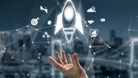 Startup launch and business growth concept, rocket symbolism, entrepreneurship, startup innovation,...