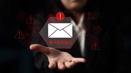 Digital warning mail interface highlights email threat detection, security monitoring, and proactive prevention of phishing and malware intrusions. Parseの写真素材