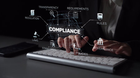 Compliance ensures alignment with standards, laws, and policies. A strong compliance system helps enforce regulation, protect organizations, and improve global compliance transparency.の写真素材