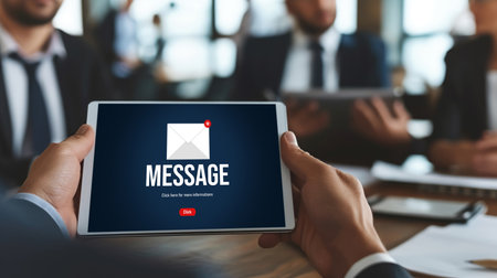 Email notification message showing on computer screen brisk. Digital marketing message information text from business to customer clientの素材