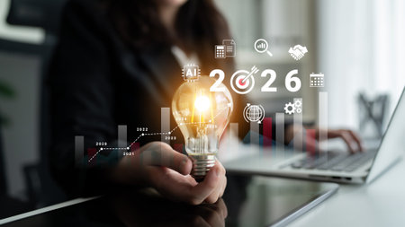 Bar graphs, charts, and number 2026 with AI and data analysis icons symbolizing future business...