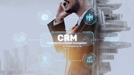 CRM platforms improve customer relationships through data analysis, CRM communication tools, and automation. CRM systems support customer management, tracking, and CRM relationship success.の写真素材