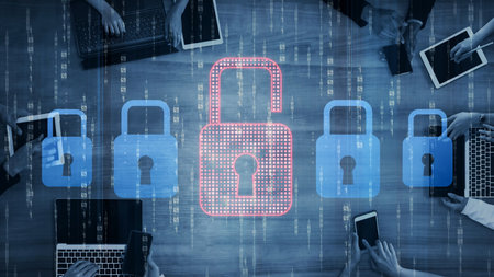 Digital security concept illustrating a cybersecurity breach, with a red unlocked padlock indicating...