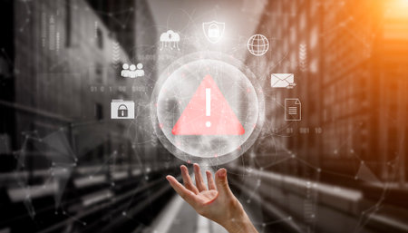 Red warning triangle representing a cybersecurity threat or data breach alert, surrounded by digital security and network protection icons, symbolizing cyber risk awareness Parseの写真素材