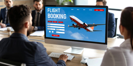 Online flight booking website provide brisk reservation system . Travel technology concept .の素材